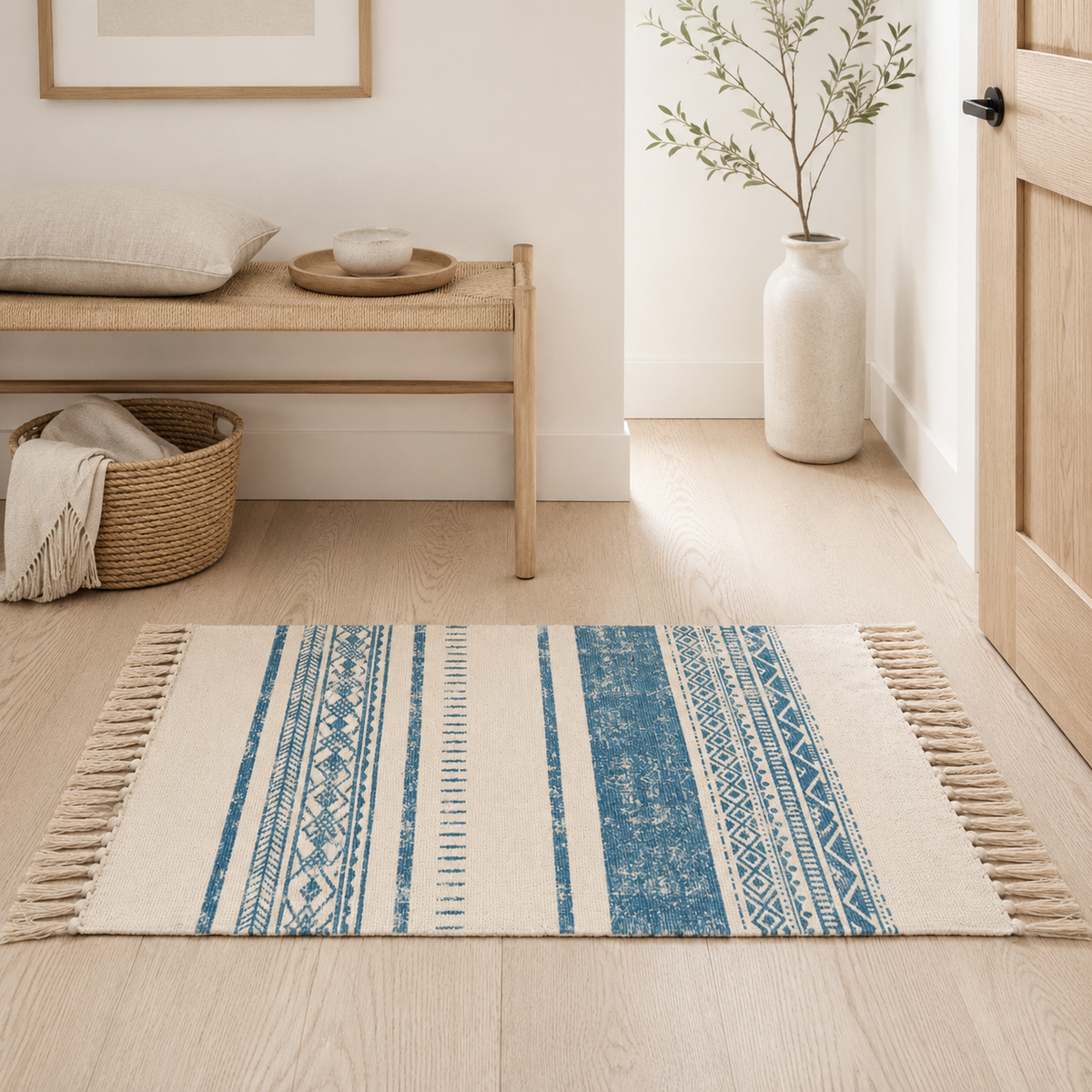 Nordic Minimalist Blue Cotton-Linen Accent Rug