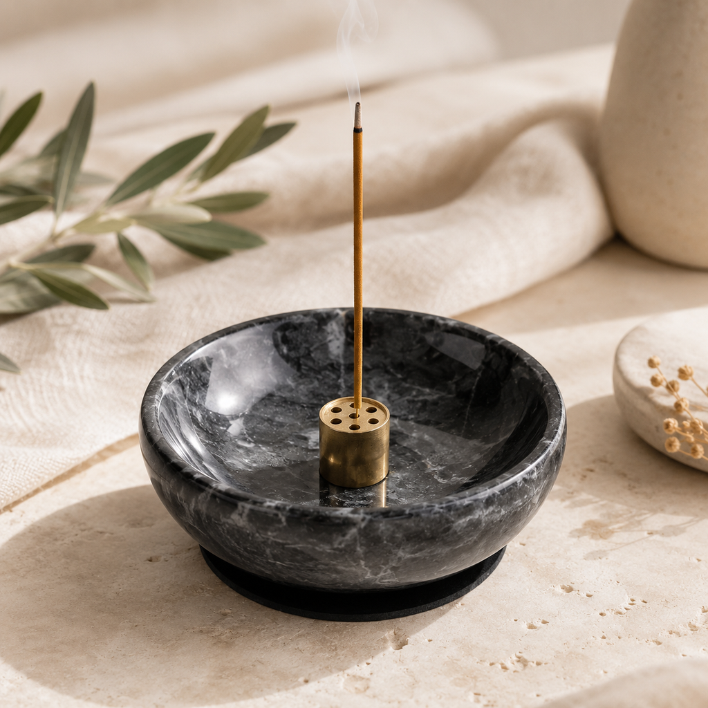 Black Marble Incense Bowl with Stick & Backflow Holders