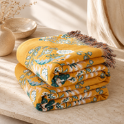 Reversible Organic Cotton Floral Throw Blanket, Yellow