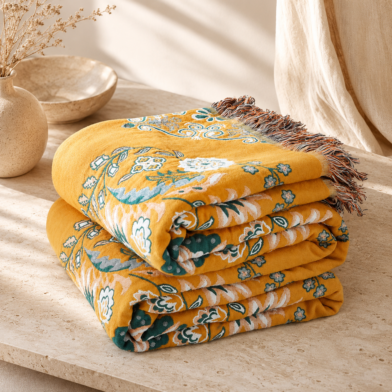 Reversible Organic Cotton Floral Throw Blanket, Yellow