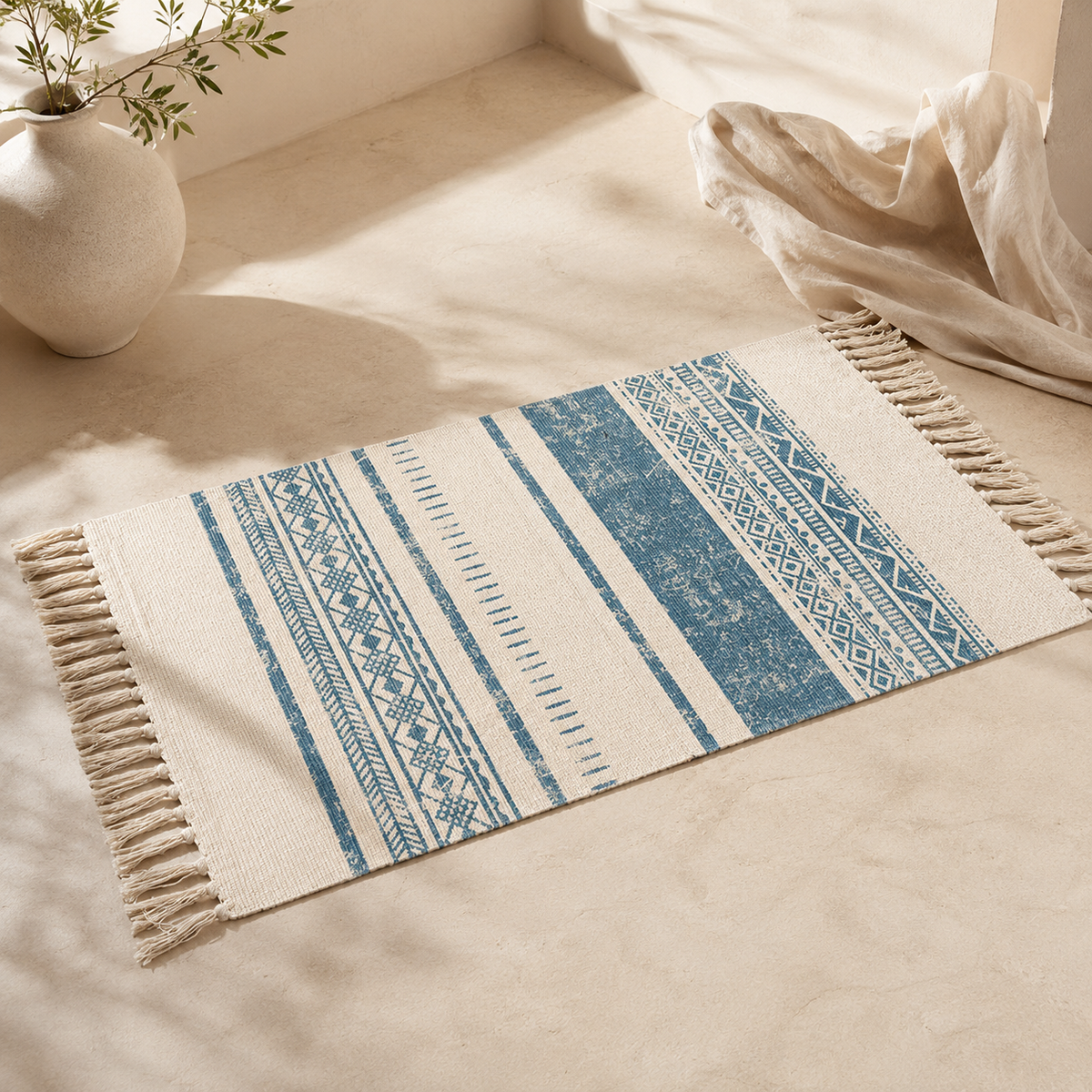 Nordic Minimalist Blue Cotton-Linen Accent Rug