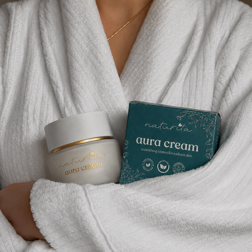 Person wrapped in a white robe with aura cream jar and box on a neutral background