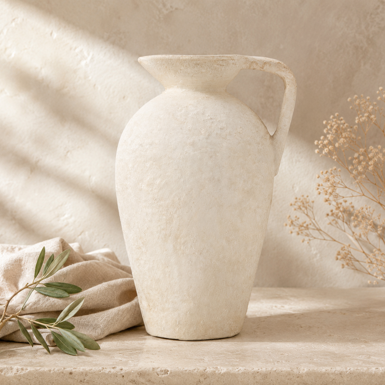 Rustic Off-White Ceramic Vase with Handle