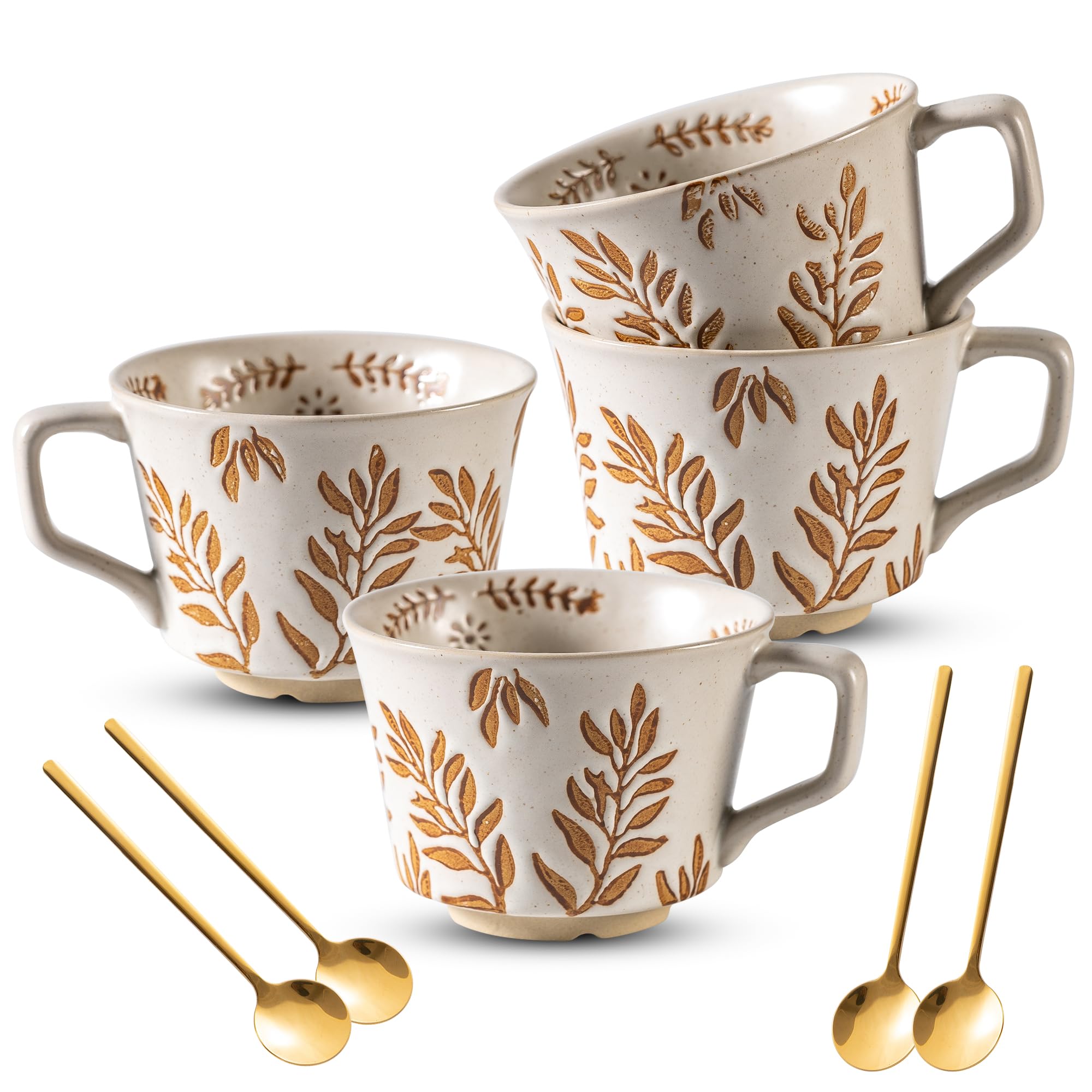 Lead-free Coffee Mugs Set of 4 with Gold Spoon 11 oz Ancient Style Hand-painted Ceramic Mug Gifts for Men Women Unique Personality Gifts for Home Kitchen Office Dishwasher Microwave Safe
