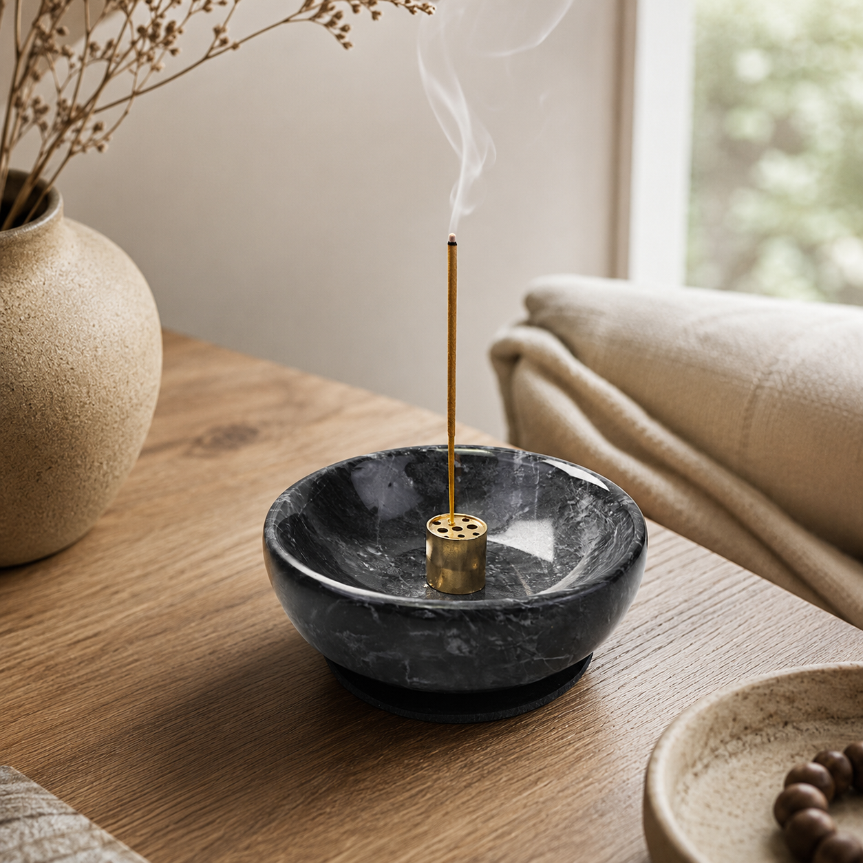 Black Marble Incense Bowl with Stick & Backflow Holders