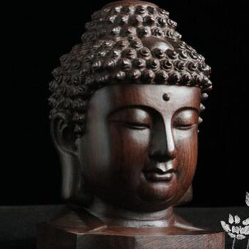 Wood Carved Buddha Head Art Craft Statue