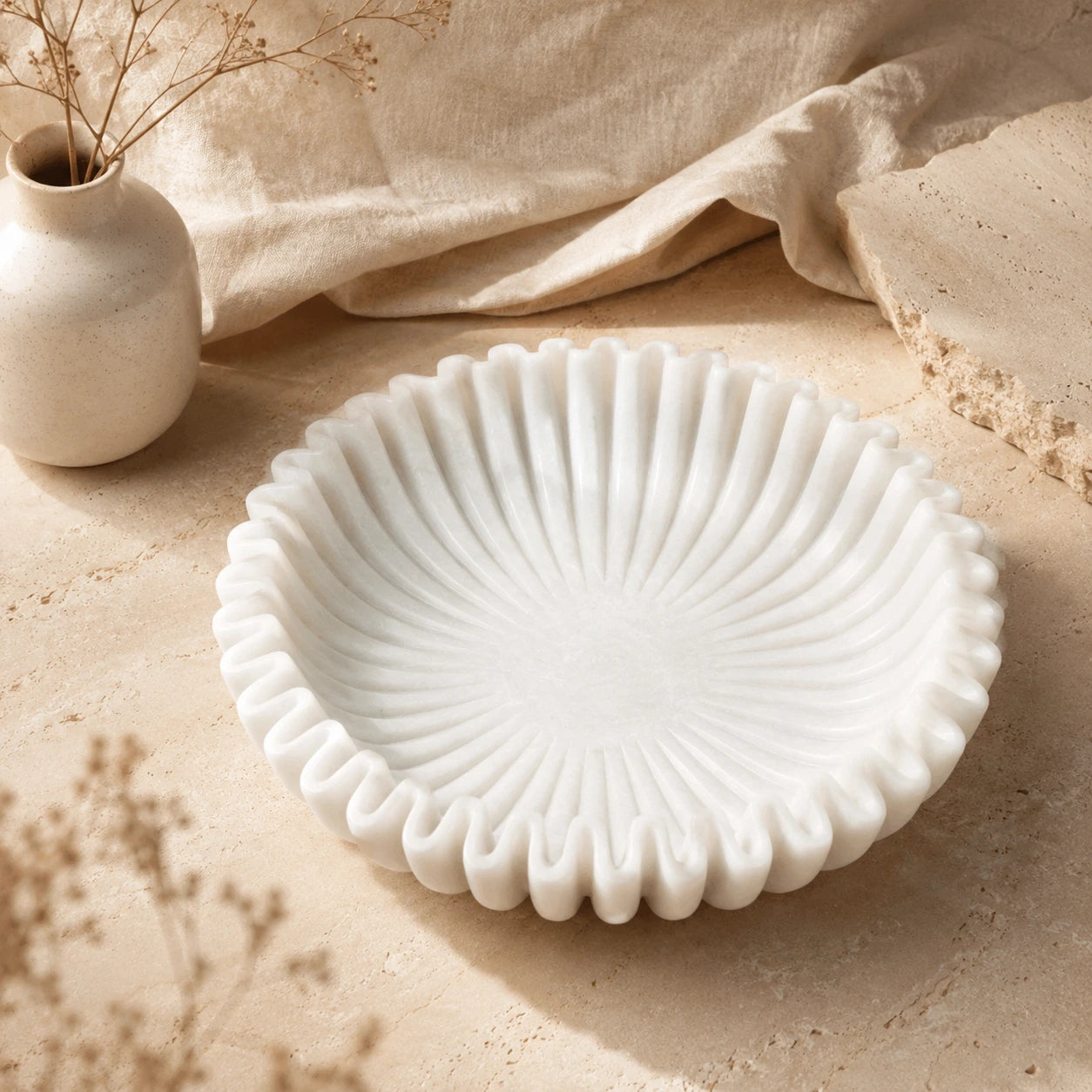Handcrafted Makrana Marble Ruffle Bowl, 10 Inch