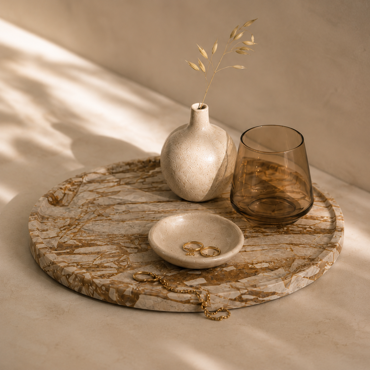 Round Natural Marble Vanity Tray, 14 Inch