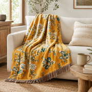 Reversible Organic Cotton Floral Throw Blanket, Yellow