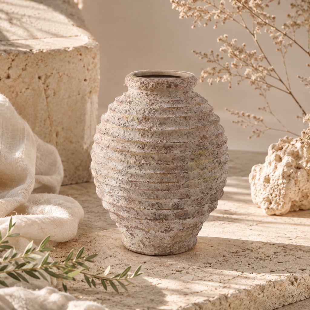 Antique-Inspired Textured Stoneware Vase