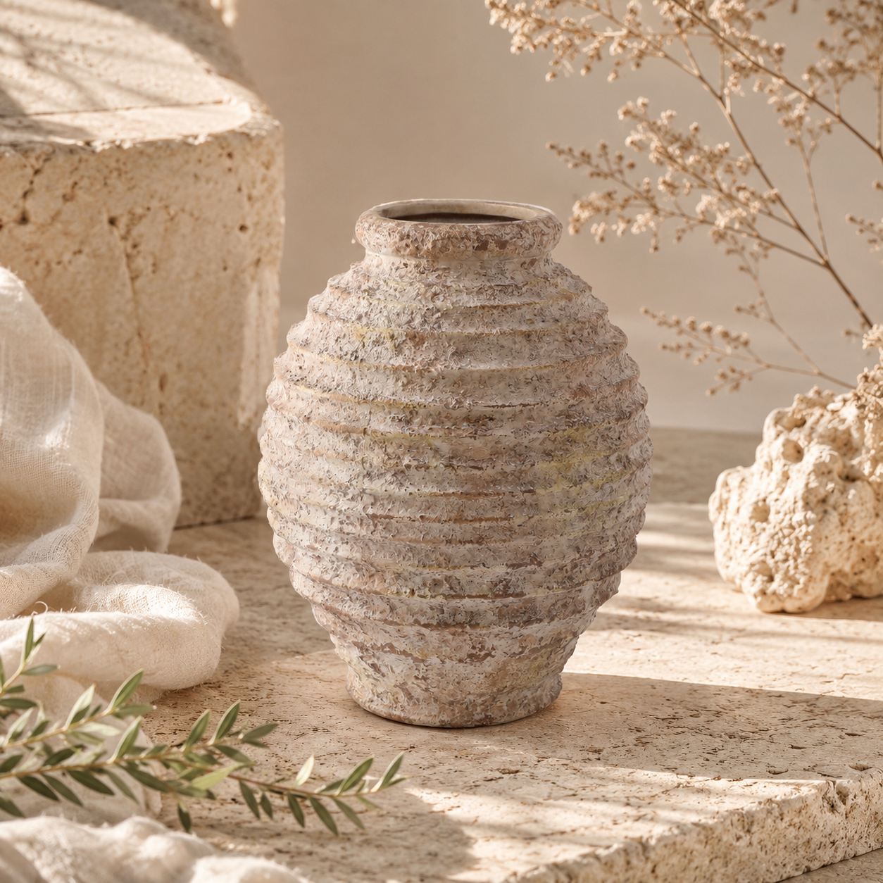 Antique-Inspired Textured Stoneware Vase