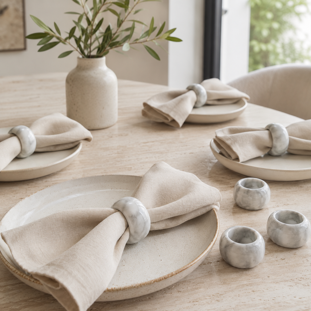 White & Gray Marble Napkin Rings, Set of 6