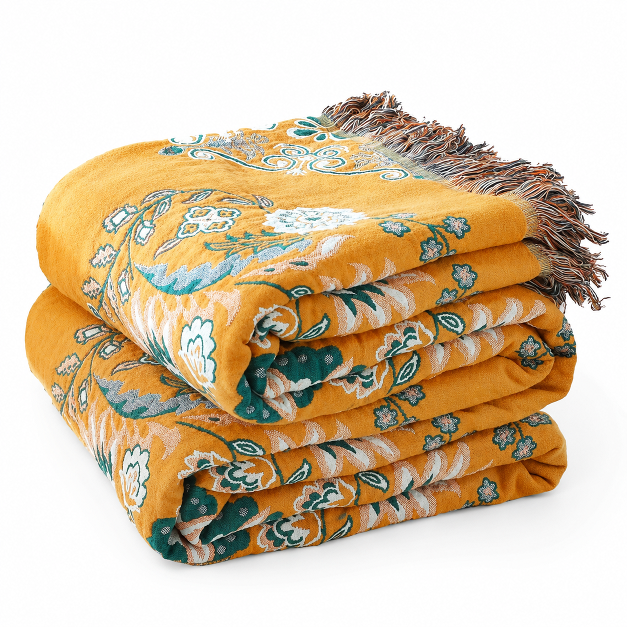 Reversible Organic Cotton Floral Throw Blanket, Yellow