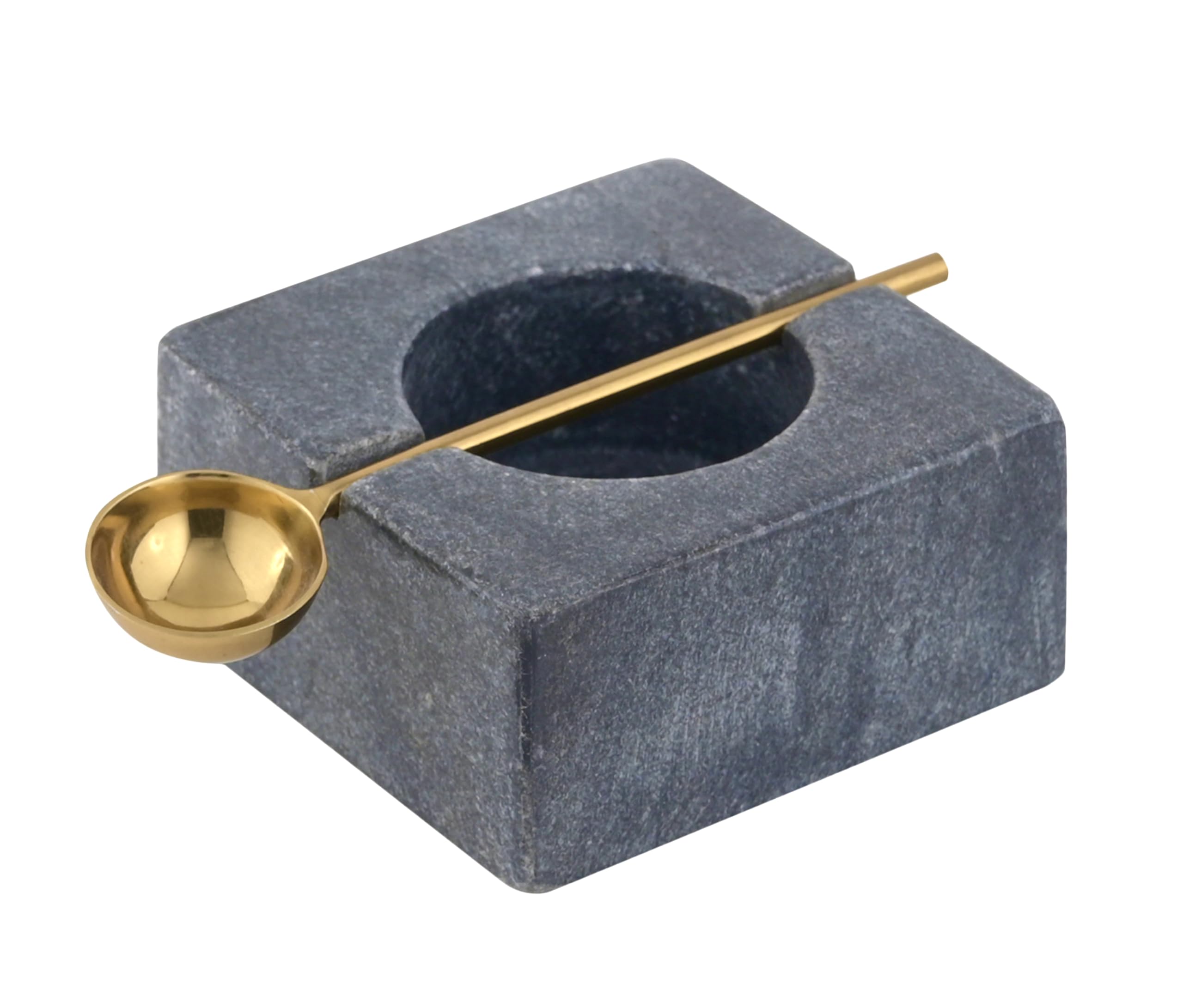 Cruiser’s Caché | Gray Marble Salt Cellar and Gold Spoon Set | Hand Crafted Natural Marble | For Keeping Gourmet Salts Pepper Spices and Seasonings.
