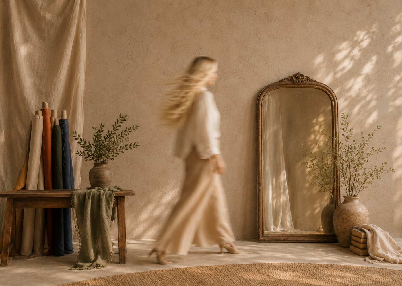 Woman walking in a room with a large mirror, draped fabric, and wooden bench.