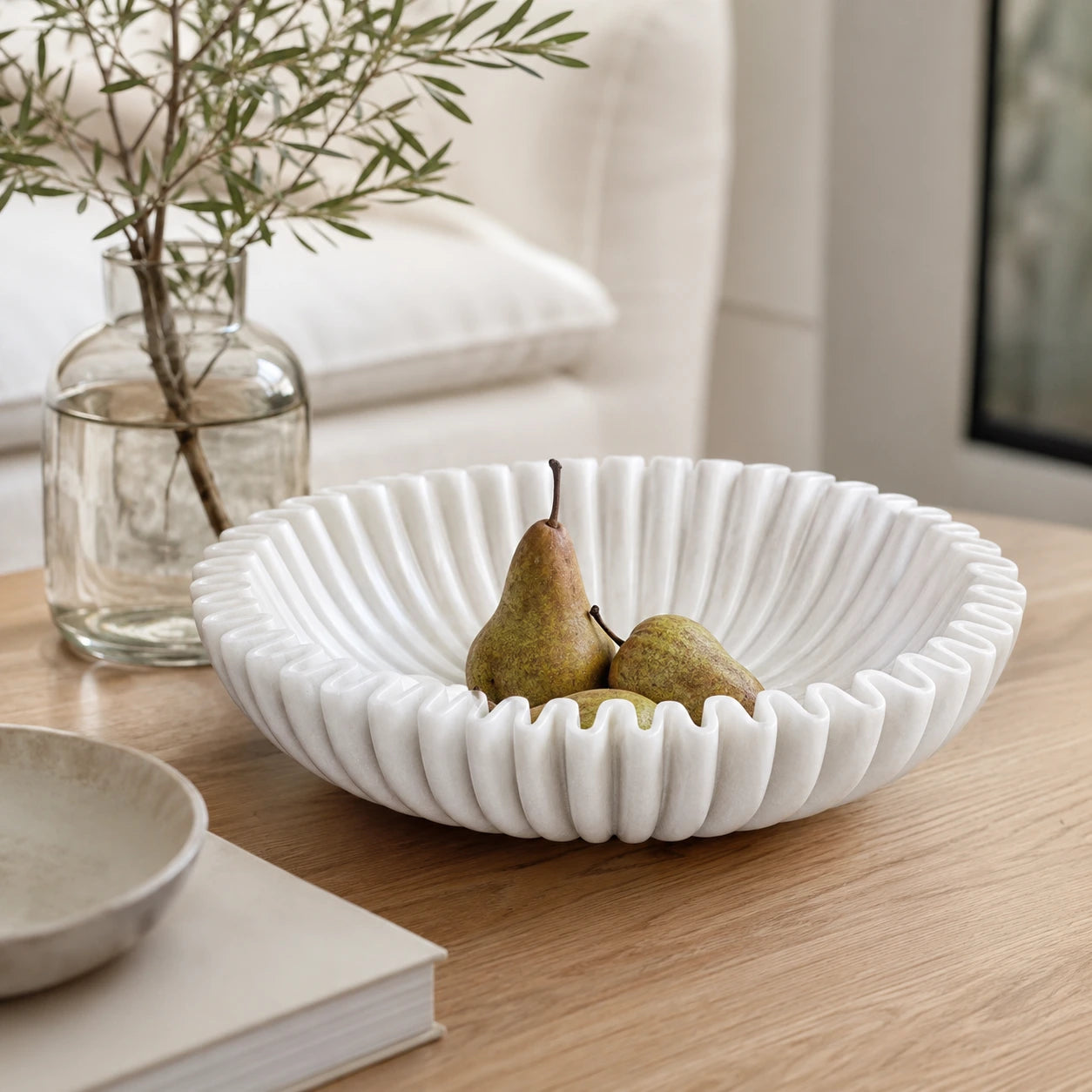 Handcrafted Makrana Marble Ruffle Bowl, 10 Inch