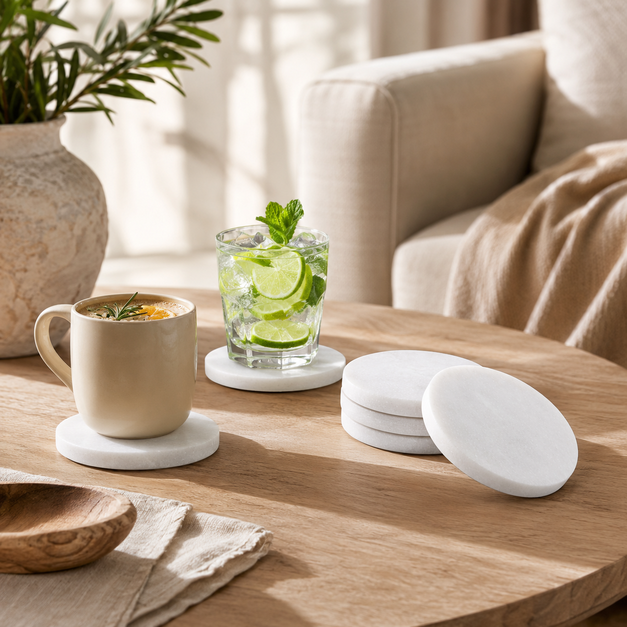 Natural White Marble Coasters, Set of 4