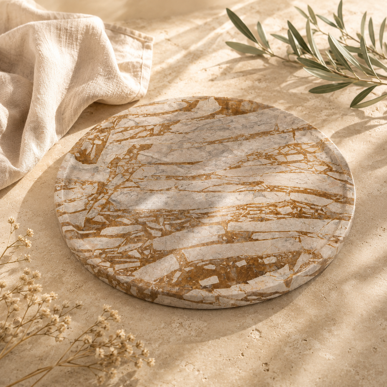 Round Natural Marble Vanity Tray, 14 Inch