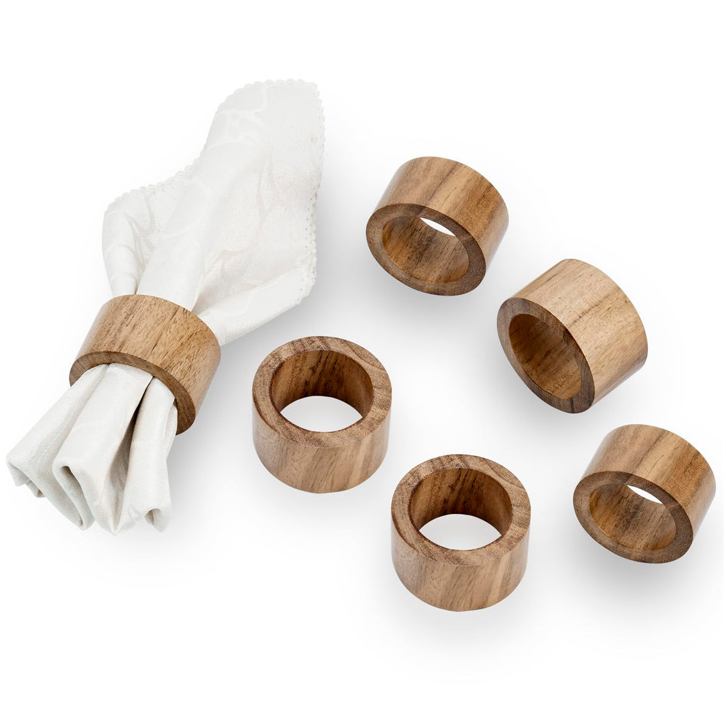 MyGift Rustic Natural Solid Acacia Wood Rings for Cloth Dinner Napkins Decorative Napkin Holders for Dining Serviettes Set of 6 - Handcrafted in India