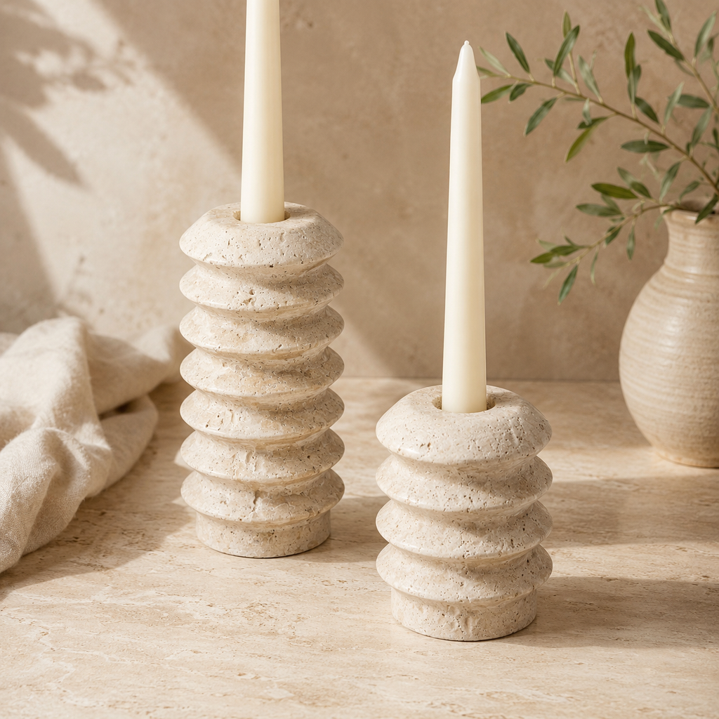 Natural Travertine Taper Candle Holders, Set of 2