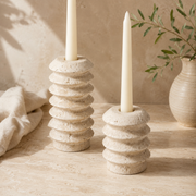 Natural Travertine Taper Candle Holders, Set of 2