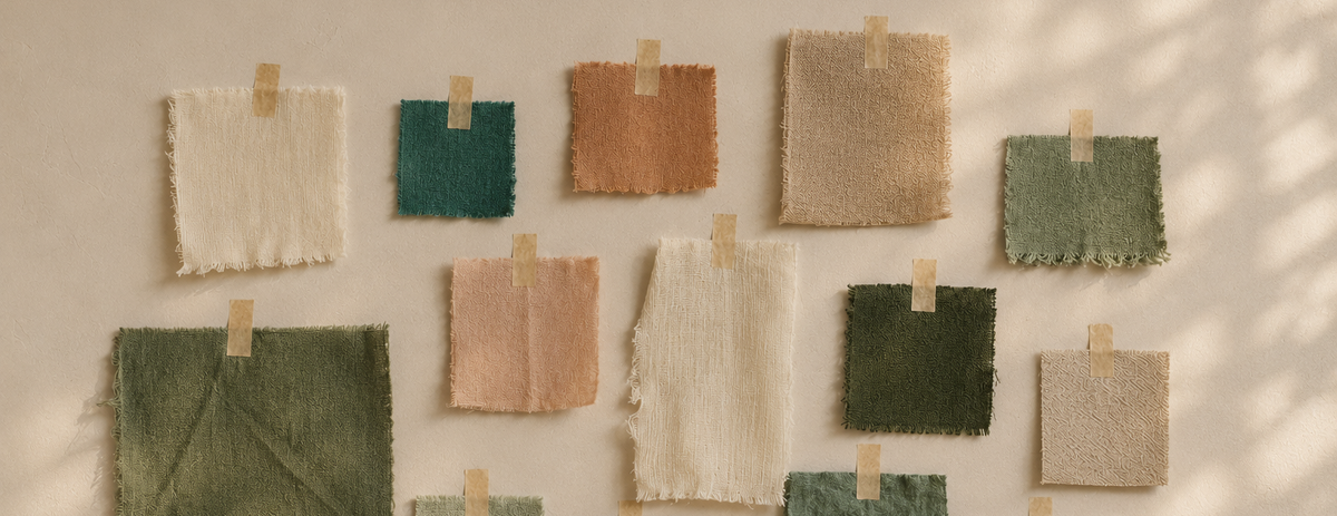 Collection of fabric swatches in various colors hanging on a beige wall.