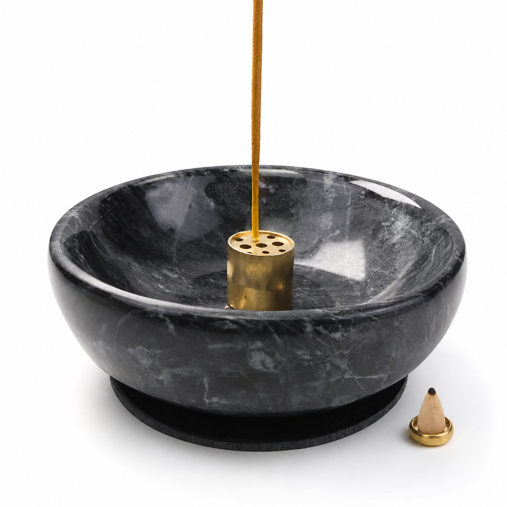 Black Marble Incense Bowl with Stick & Backflow Holders